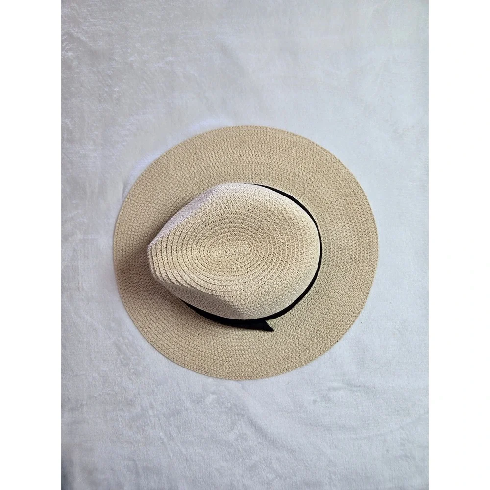 Beige Woven Straw Fedora Wide Brim Sun Hat with Black Ribbon Band Adjustable‎